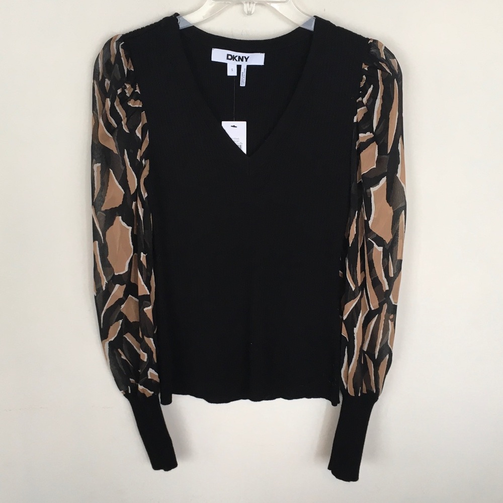 NWT DKNY Black Knit Top with Printed Balloon Sleeves